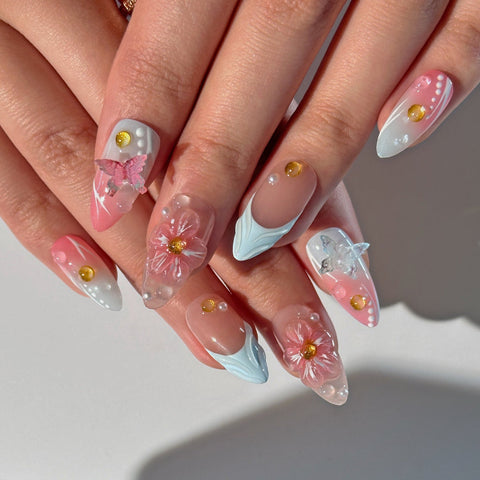 Hot SaleFrench Pink Blue Almond NailHandmade Artificial Gel Nail Press-On Nails