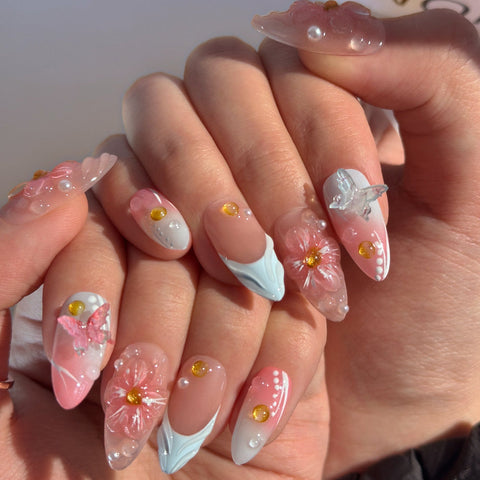 Hot SaleFrench Pink Blue Almond NailHandmade Artificial Gel Nail Press-On Nails