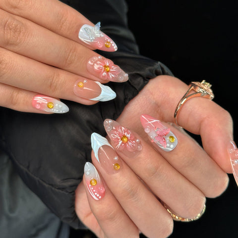 Hot SaleFrench Pink Blue Almond NailHandmade Artificial Gel Nail Press-On Nails