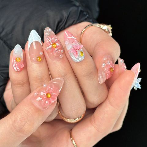 Hot SaleFrench Pink Blue Almond NailHandmade Artificial Gel Nail Press-On Nails