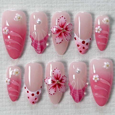 Pink White Flower NailsCarefully designed pure handmade press-on gel nails