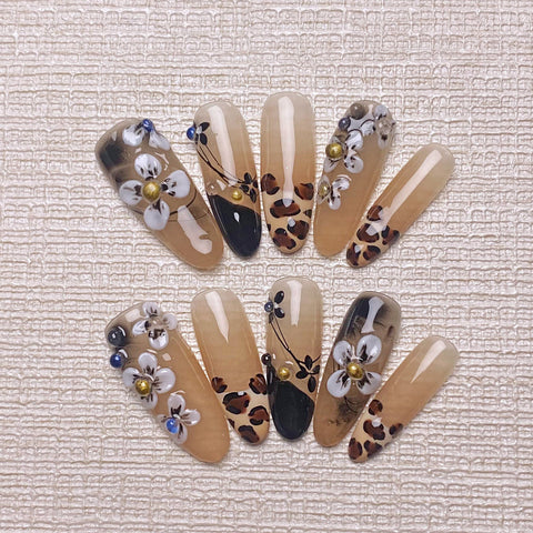Hot SaleElegant Leopard Print Autumn 3D Long NailsHandmade Artificial Gel Nail Press-On Nails