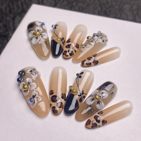 Hot SaleElegant Leopard Print Autumn 3D Long NailsHandmade Artificial Gel Nail Press-On Nails
