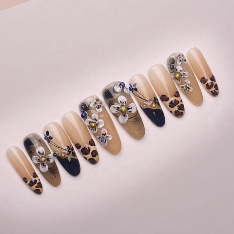 Hot SaleElegant Leopard Print Autumn 3D Long NailsHandmade Artificial Gel Nail Press-On Nails