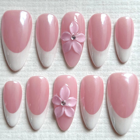 Hot SaleHandmade French Pink Flower Almond NailHandmade Artificial Gel Nail Press-On Nails
