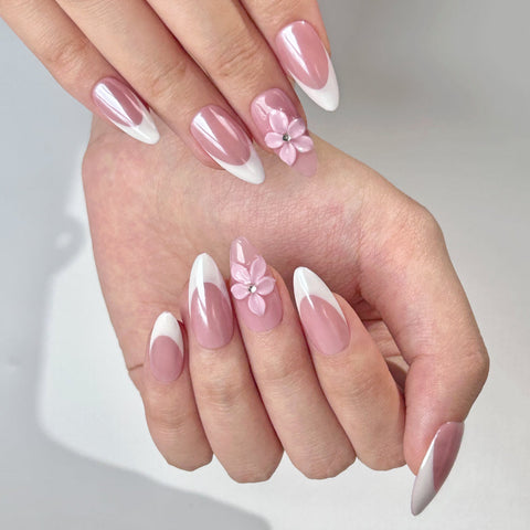 Hot SaleHandmade French Pink Flower Almond NailHandmade Artificial Gel Nail Press-On Nails