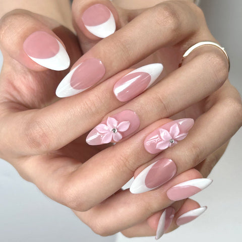 Hot SaleHandmade French Pink Flower Almond NailHandmade Artificial Gel Nail Press-On Nails