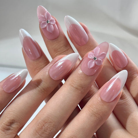 Hot SaleHandmade French Pink Flower Almond NailHandmade Artificial Gel Nail Press-On Nails