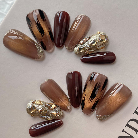 Brown Leopard Print Almond NailsCarefully designed pure handmade press-on gel nails
