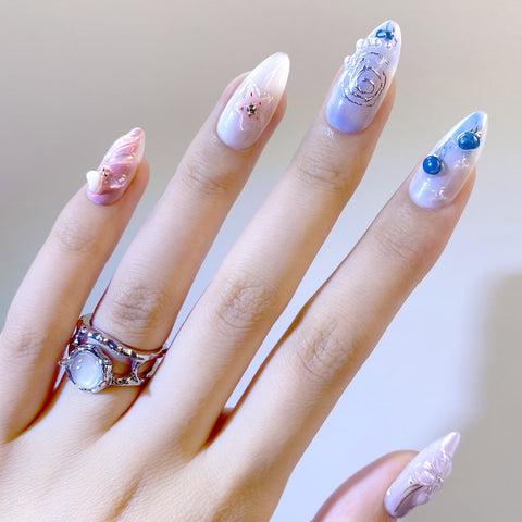Pink Blue Almond 3D NailsCarefully designed pure handmade press-on gel nails