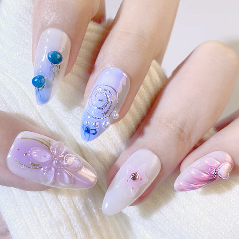 Pink Blue Almond 3D NailsCarefully designed pure handmade press-on gel nails