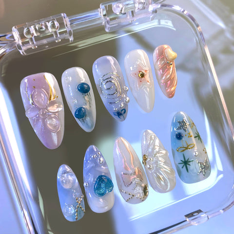 Pink Blue Almond 3D NailsCarefully designed pure handmade press-on gel nails