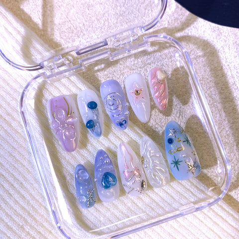 Pink Blue Almond 3D NailsCarefully designed pure handmade press-on gel nails