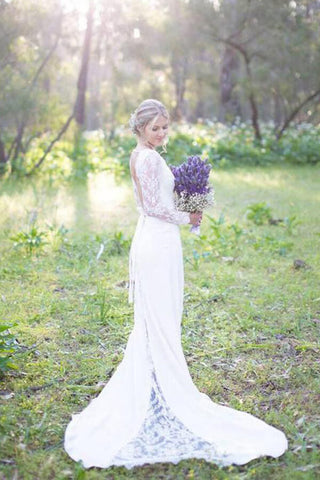 Ivory Satin Lace Sheath V-neck Long Sleeves Wedding Dresses, Bridal Gown