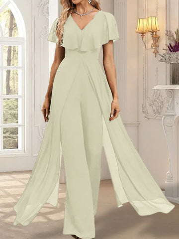 Jumpsuit/Hosenanzug V-Ausschnitt Bodenlanges Chiffon Abendkleid