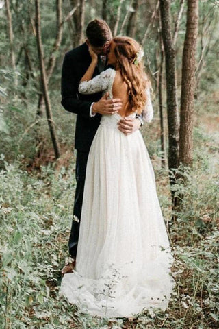 Ivory 3/4 Sleeves Lace Top Backless Wedding Dresses, Bridal Gowns
