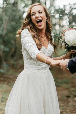 Ivory 3/4 Sleeves Lace Top Backless Wedding Dresses, Bridal Gowns