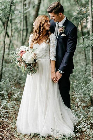 Ivory 3/4 Sleeves Lace Top Backless Wedding Dresses, Bridal Gowns