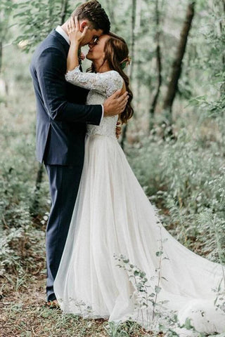 Ivory 3/4 Sleeves Lace Top Backless Wedding Dresses, Bridal Gowns