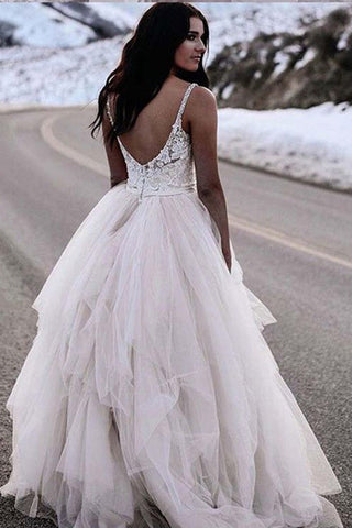 Ivory A-line Tulle Lace Top Straps Backless Wedding dresses, Bridal Gown