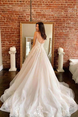 Ivory A-line Tulle Lace V-neck Spaghetti Straps Long Wedding Dresses