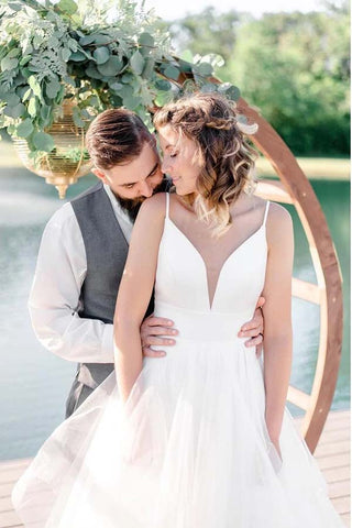 Ivory A-line Tulle Spaghetti Straps Simple Wedding Dresses, Bridal Gown