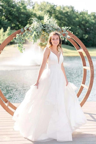 Ivory A-line Tulle Spaghetti Straps Simple Wedding Dresses, Bridal Gown