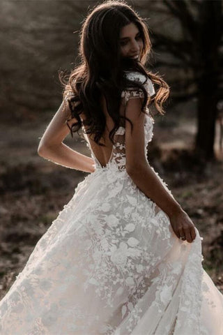 Ivory A-line V-neck Lace Appliqued Beach Wedding Dresses, Bridal Gown