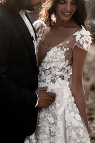 Ivory A-line V-neck Lace Appliqued Beach Wedding Dresses, Bridal Gown