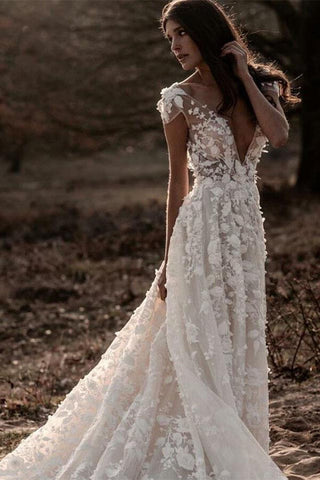 Ivory A-line V-neck Lace Appliqued Beach Wedding Dresses, Bridal Gown