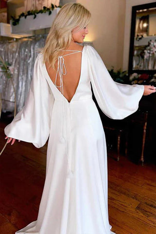 Ivory A-line V-neck Long Sleeves Simple Wedding Dresses With Slit