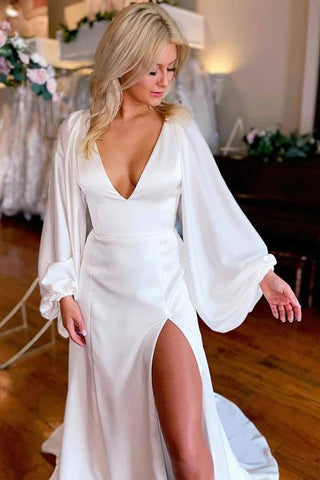 Ivory A-line V-neck Long Sleeves Simple Wedding Dresses With Slit