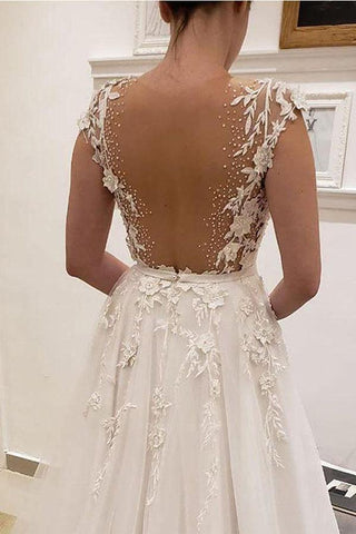 Ivory A-line V-neck Wedding Dresses With Lace Appliques, Bridal Gown