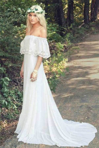 Elfenbein Chiffon A-Linie Off-the-Shoulder Bohemian Spitze Strand Brautkleider