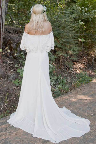 Elfenbein Chiffon A-Linie Off-the-Shoulder Bohemian Spitze Strand Brautkleider