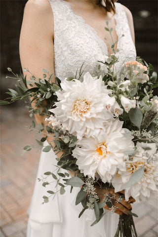 Ivory Chiffon Backless A-line V-neck Lace Wedding Dresses, Bridal Gown
