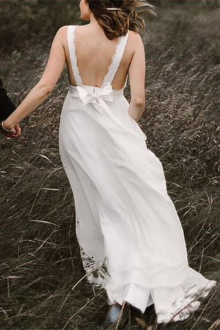 Ivory Chiffon Backless A-line V-neck Lace Wedding Dresses, Bridal Gown