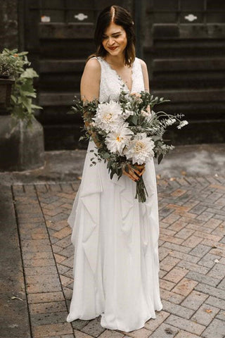 Ivory Chiffon Backless A-line V-neck Lace Wedding Dresses, Bridal Gown