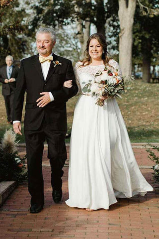 Ivory Chiffon Lace A-line Scoop Plus Size Long Sleeves Wedding Dresses