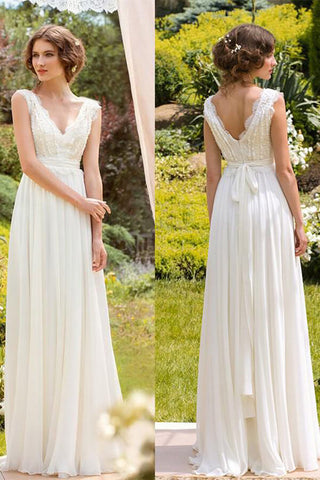 Elfenbeinfarbenes bodenlanges Chiffon-Spitzen-Brautkleid mit V-Ausschnitt, günstiges Brautkleid