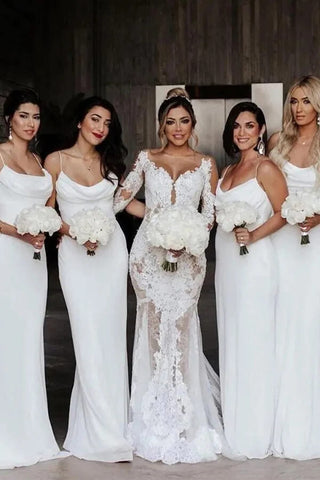 Chiffon Sheath Cowl Neck Spaghetti Straps Bridesmaid Dresses