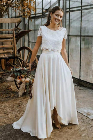 Elfenbein Chiffon Zweiteiler Spitzentop Kurze Ärmel Günstige Brautkleider