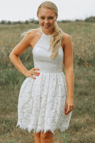 Lace A-line Backless Halter Homecoming Dresses, Short Party Dresses