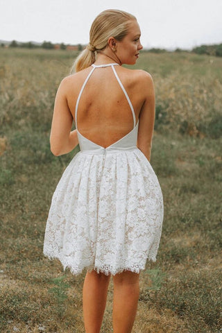 Lace A-line Backless Halter Homecoming Dresses, Short Party Dresses