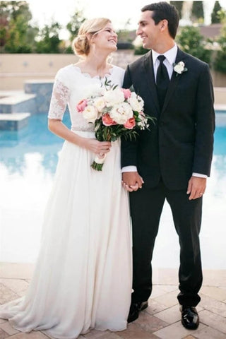 Ivory Lace A-line Beaded Half Sleeves Wedding Dresses, Bridal Dress