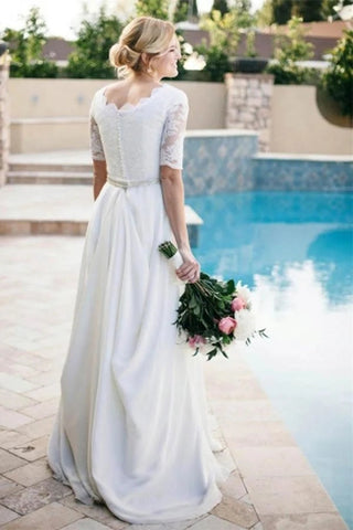 Ivory Lace A-line Beaded Half Sleeves Wedding Dresses, Bridal Dress