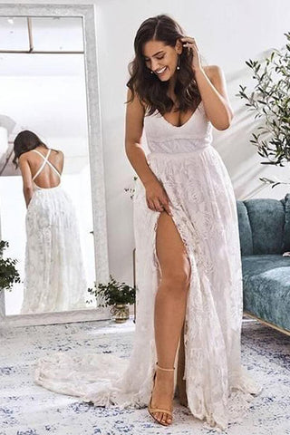 ace A-line V-neck Cross Back Wedding Dresses with High Slit