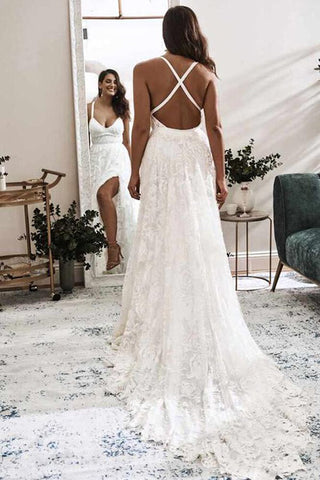 ace A-line V-neck Cross Back Wedding Dresses with High Slit