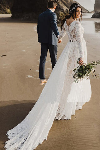 Elfenbeinfarbenes A-Linien-Spitzenkleid mit V-Ausschnitt und langen Ärmeln, Brautkleid für den Strand