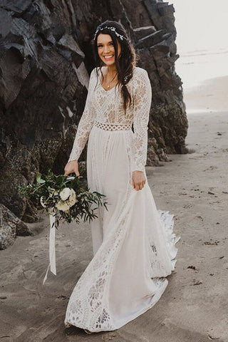 Elfenbeinfarbenes A-Linien-Spitzenkleid mit V-Ausschnitt und langen Ärmeln, Brautkleid für den Strand